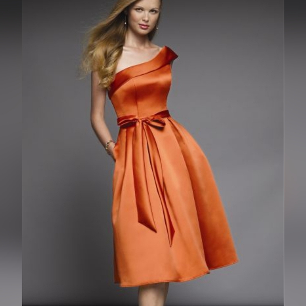 NWT Morilee Off the Shoulder Formal Orange Flounce Midi Formal Prom Dress